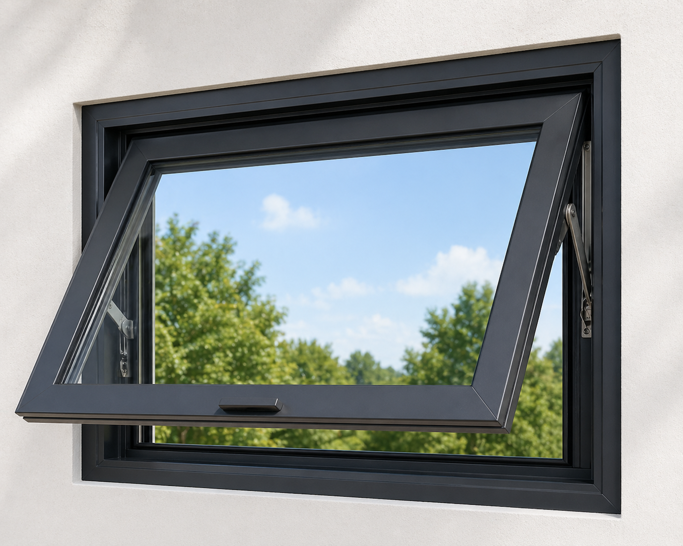 Aluminium awning windows in Coimbatore — top-hinged design allowing ventilation even during rain, ideal for bathrooms and commercial buildings in Tamil Nadu